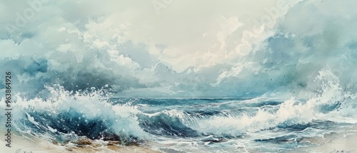 Tranquil Abstract Ocean Watercolor Painting with Crashing Waves and Misty Horizon