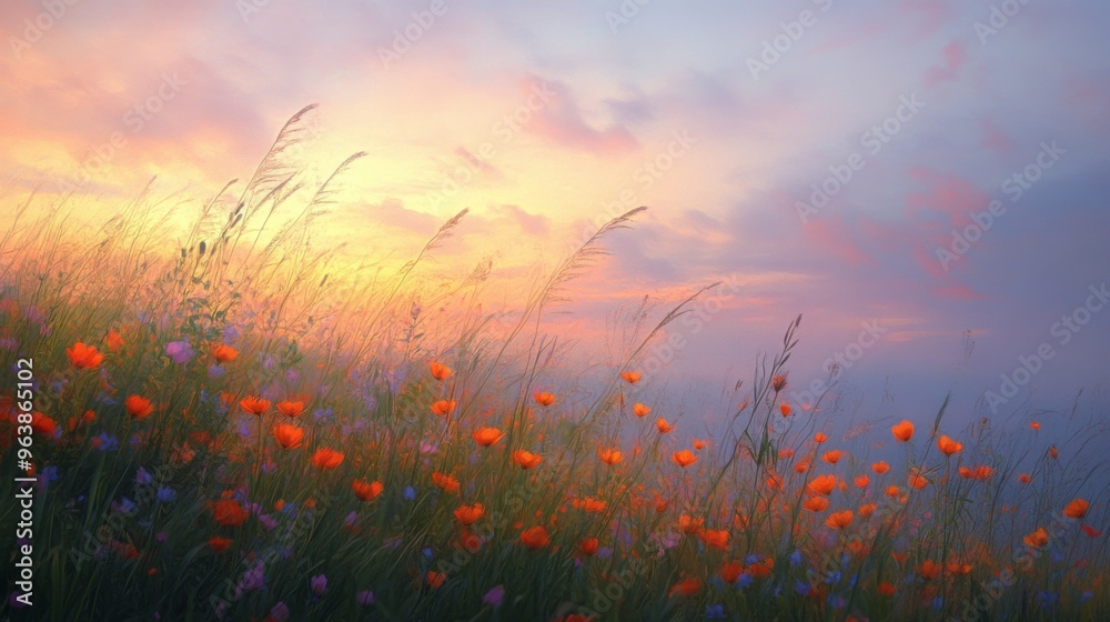 Sunset Sky Over Field of Orange Wildflowers Sunset Sky Over Field of Orange Wildflowers