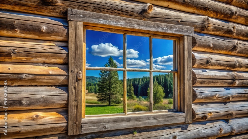 Fototapeta premium Reflection of colonial log cabin exterior wall in window against landscape backdrop with blue sky and trees