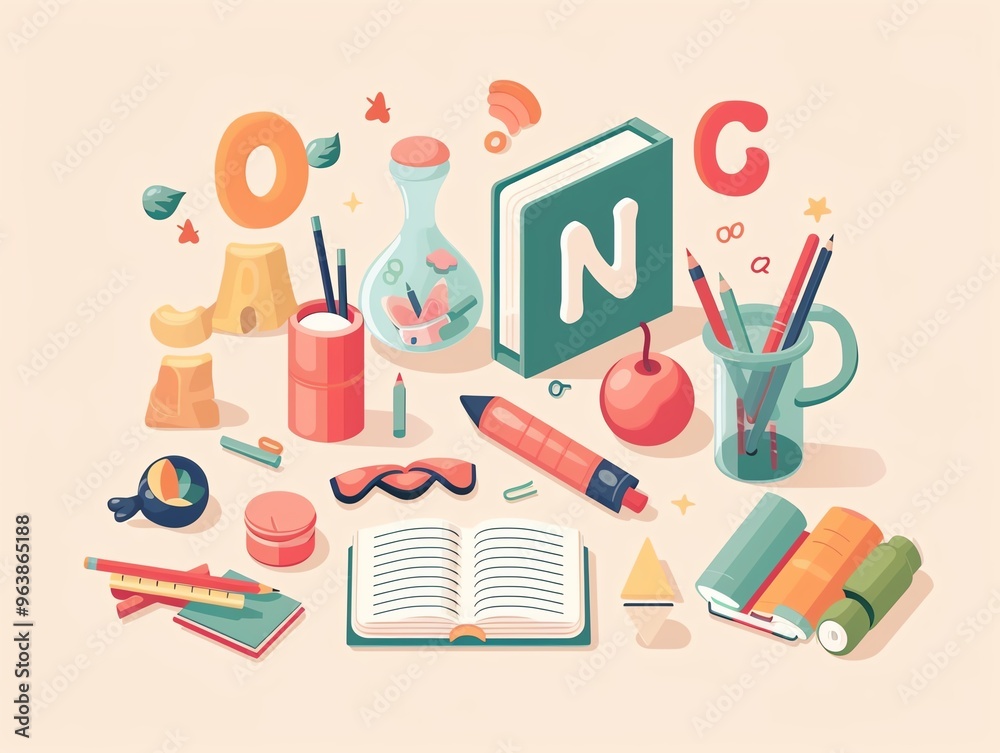 Fototapeta premium Adorable school supplies, friendly study, cute alphabets, happy learning, flat design illustration