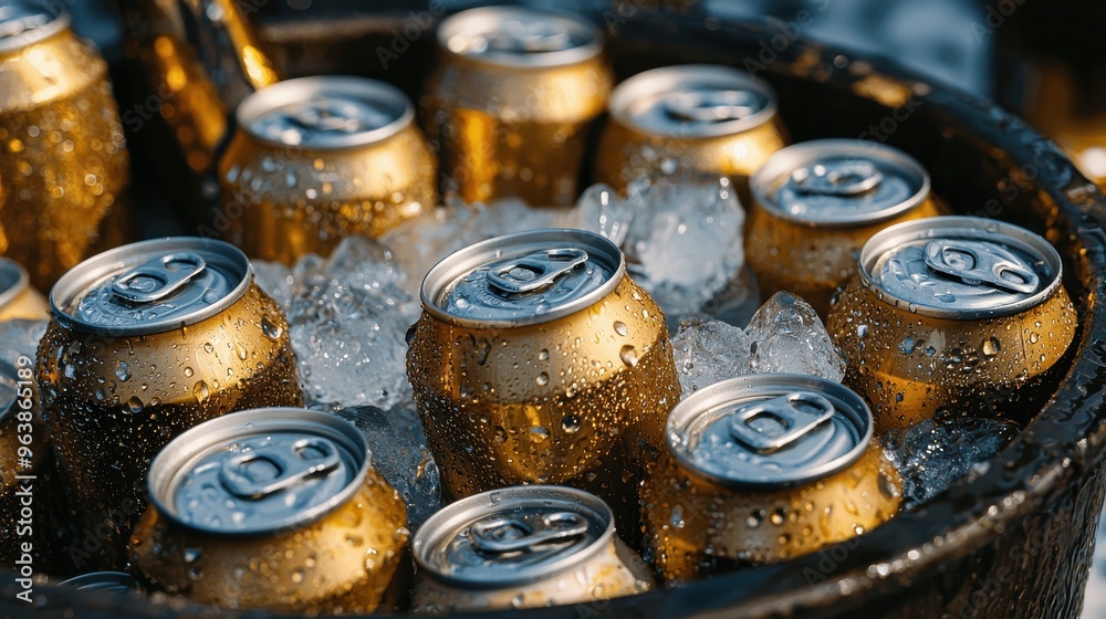 Cold Beer Cans in Ice Bucket Party Refreshment Summer Celebration Cold Beer Cans in Ice Bucket Party Refreshment Summer Celebration