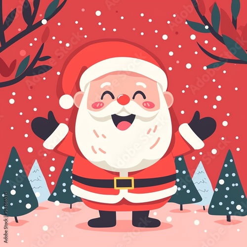 Cute Christmas scene, kawaii Santa, happy holidays, festive joy, flat design illustration