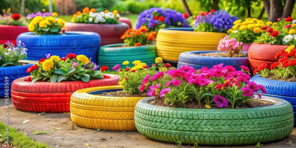Fototapeta premium Colorful flower beds arranged in painted tires for DIY garden decoration