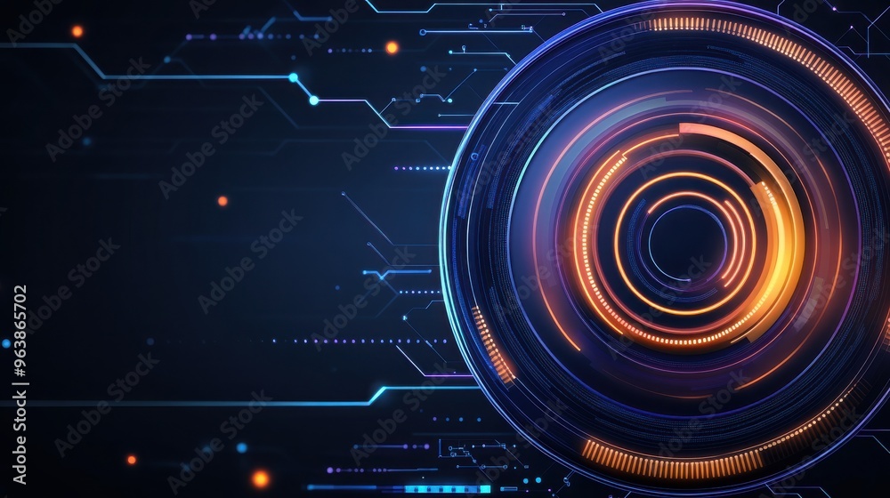 Futuristic digital interface with circular graphic elements and glowing lights. Perfect for technology, innovation, and cyber themes. Futuristic digital interface with circular graphic elements and glowing lights. Perfect for technology, innovation, and cyber themes.