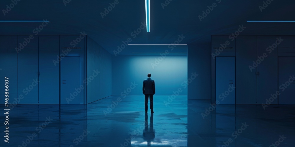 a businessman in bankruptcy, dark blue colours, minimalistic scene a businessman in bankruptcy, dark blue colours, minimalistic scene