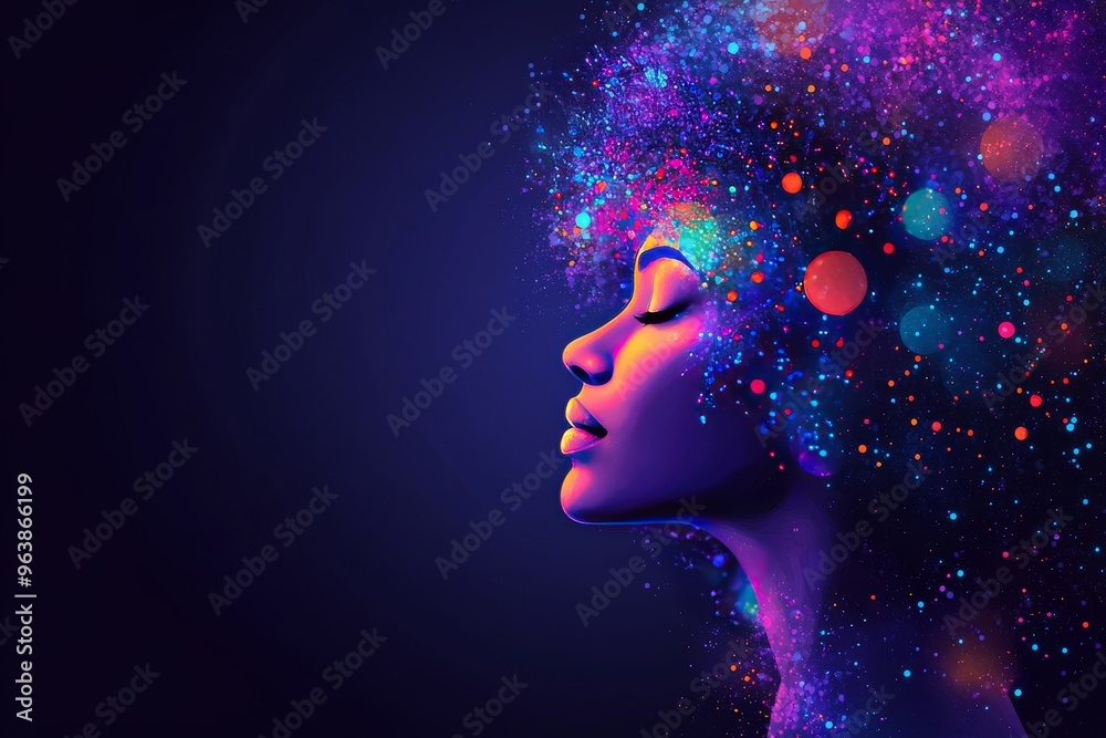 Floating neurons synaptic firing and conceptual cortex silhouette of a woman with floating abstract stars and lights representing cosmic thinking and dreamlike thoughts Floating neurons synaptic firing and conceptual cortex silhouette of a woman with floating abstract stars and lights representing cosmic thinking and dreamlike thoughts