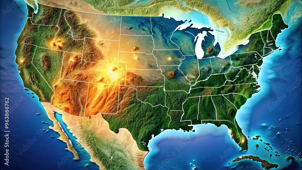 A highly detailed and realistic map of the United States with subtle ...
