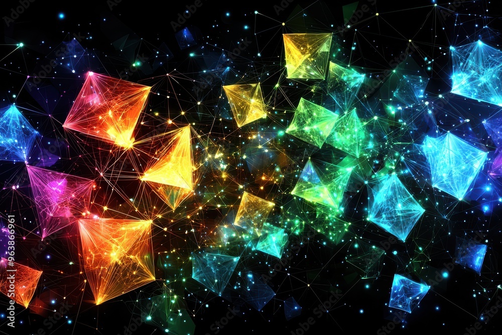 Vibrant, colorful abstract shapes and lights on a dark background Vibrant, colorful abstract shapes and lights on a dark background