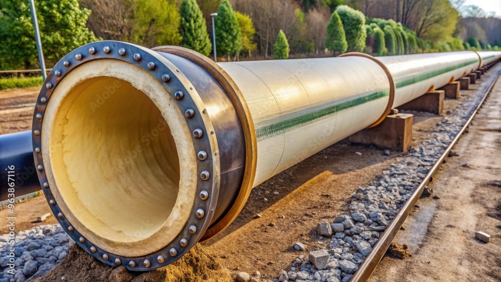 Pipeline fragment protected by polyurethane foam and steel casing, concept of pipeline production equipment Pipeline fragment protected by polyurethane foam and steel casing, concept of pipeline production equipment