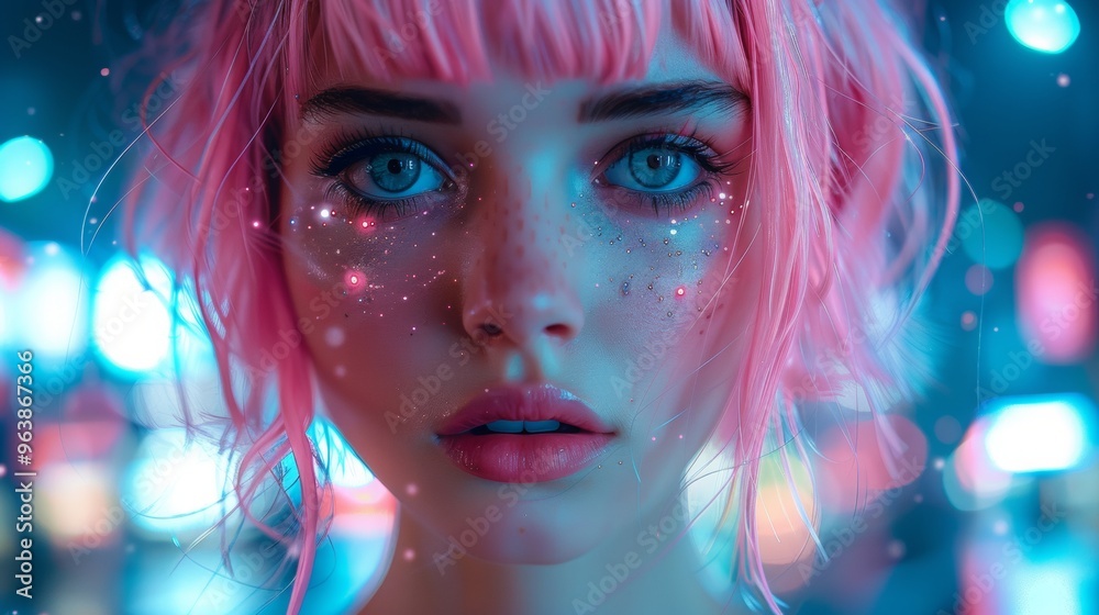 Portrait of a cyberpunk cyborg women with short pink and blue hair, blur city background, cinematic night, concept art draw style, neon style, comic style Portrait of a cyberpunk cyborg women with short pink and blue hair, blur city background, cinematic night, concept art draw style, neon style, comic style