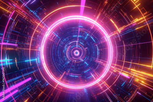 Wallpaper Mural A vibrant, abstract digital tunnel with glowing lines and circles, evoking a sense of depth and motion. Torontodigital.ca