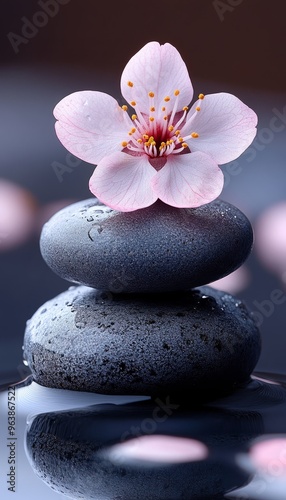 Pink Flower Resting on Two Smooth, Wet, Gray Stones