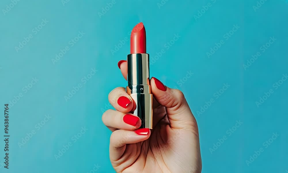 A red lipstick held by a hand with matching red nails, set against a vibrant blue background. A red lipstick held by a hand with matching red nails, set against a vibrant blue background.