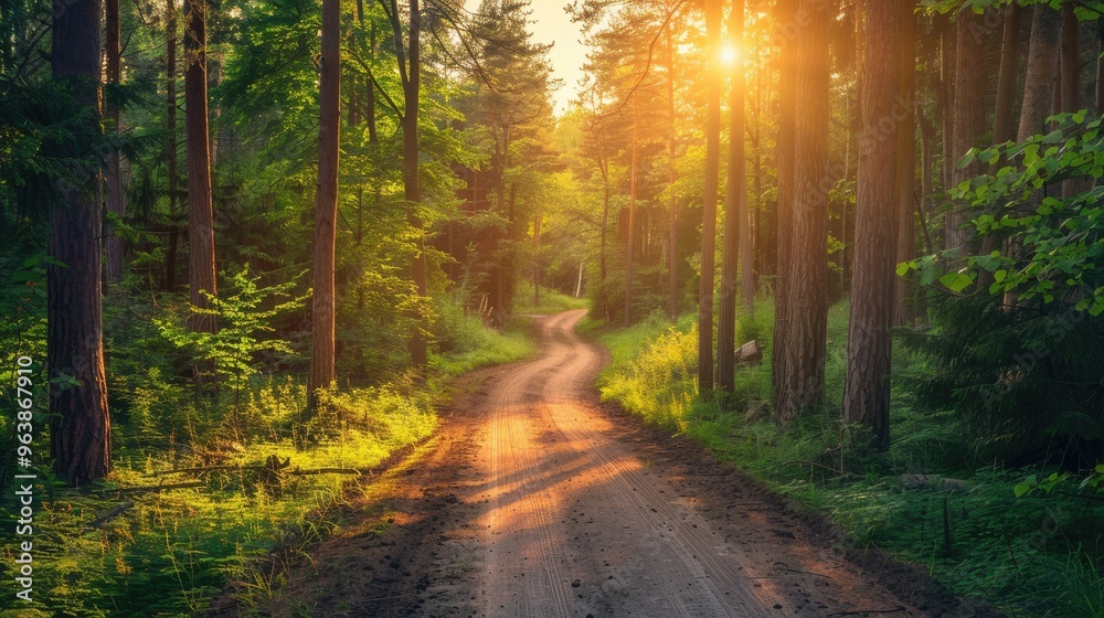 Obraz premium Forest road from a high angle at sunset with space for text