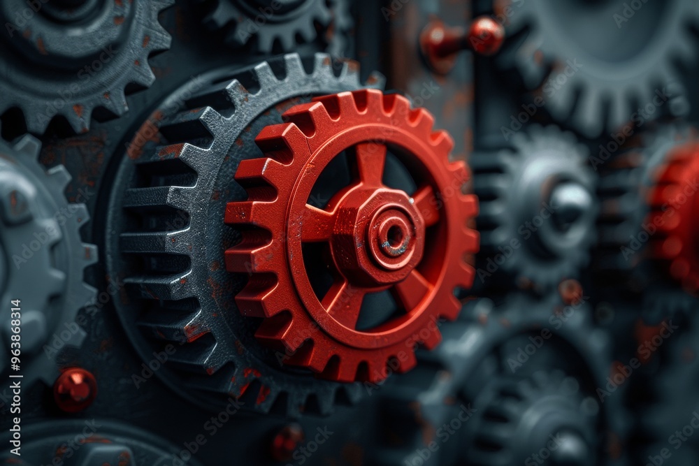 red gear in a mechanism among other gray gears red gear in a mechanism among other gray gears
