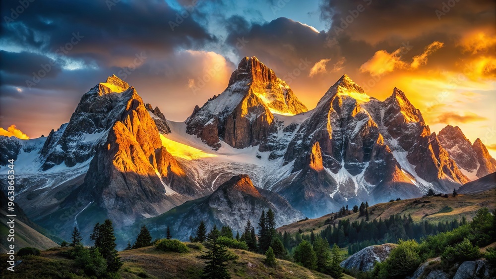 A dramatic, low-angle shot of a majestic mountain range at dawn, with the first rays of sunlight casting a golden glow on the rugged landscape. A dramatic, low-angle shot of a majestic mountain range at dawn, with the first rays of sunlight casting a golden glow on the rugged landscape.