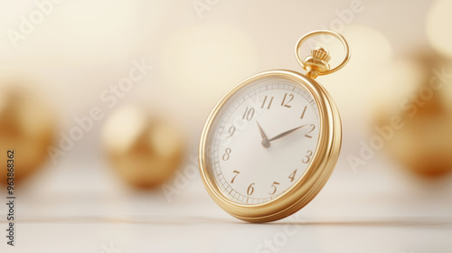 A vintage gold pocket watch with a classic design, symbolizing time and elegance in a soft, blurred background. photo