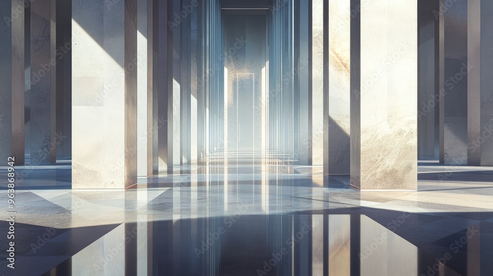 Light and shadows play on the surfaces of a large geometric structure with pillars, forming abstract reflections Light and shadows play on the surfaces of a large geometric structure with pillars, forming abstract reflections
