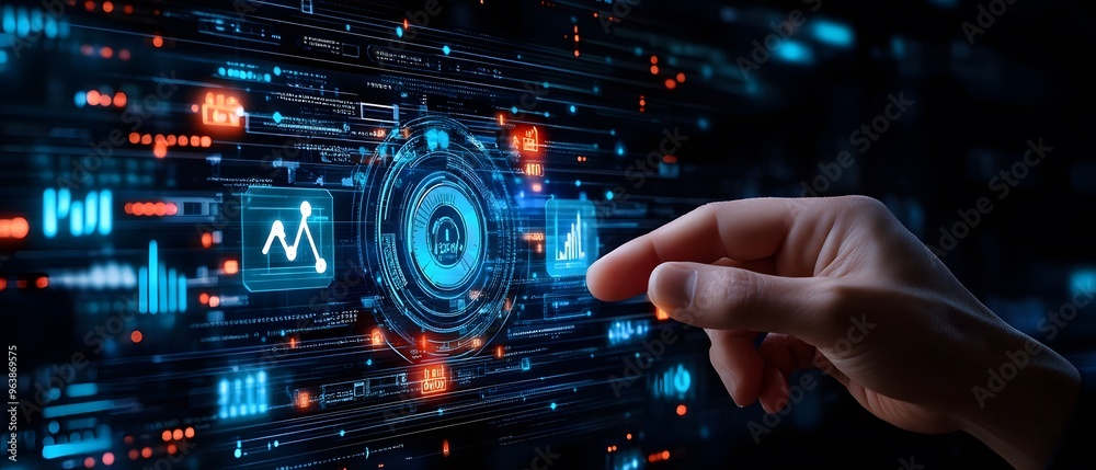 A hand interacts with a digital interface, visualizing data and technology in a futuristic environment. A hand interacts with a digital interface, visualizing data and technology in a futuristic environment.