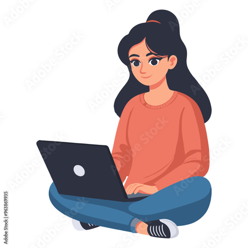 Woman works at a laptop sitting on the floor flat cartoon vector