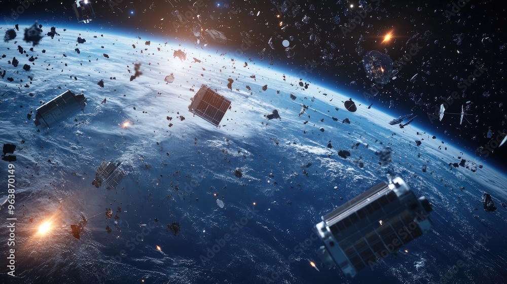 Naklejka premium Satellites and space debris swirl in orbit around Earth in a 3D illustration, showcasing the issue of space junk