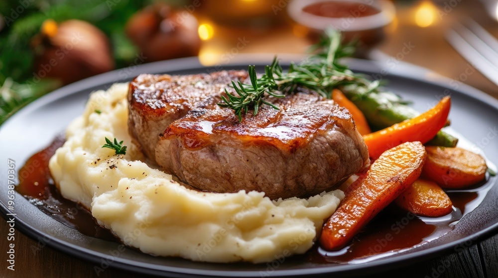 Seasoned meat on a plate with mashed potatoes and roasted vegetables, offering a comforting and hearty dinner. Seasoned meat on a plate with mashed potatoes and roasted vegetables, offering a comforting and hearty dinner.