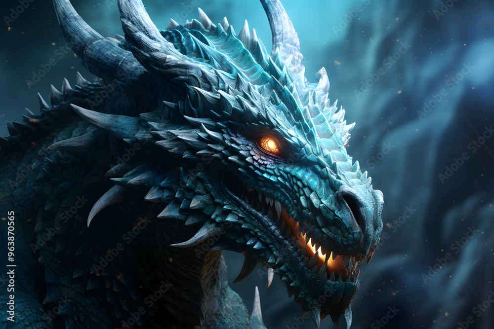 A majestic fantasy dragon with icy scales, glowing eyes, and intricate details set against a mystical background. A majestic fantasy dragon with icy scales, glowing eyes, and intricate details set against a mystical background.