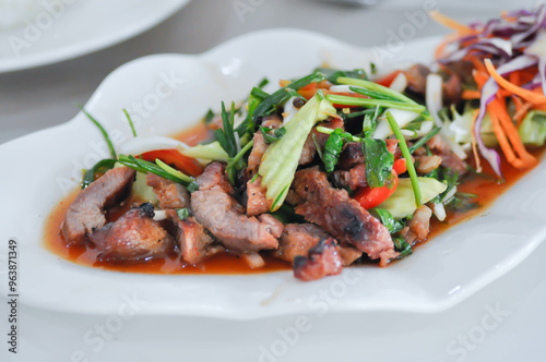 grilled pork salad, spicy pork salad or stir fried pork with vegetable