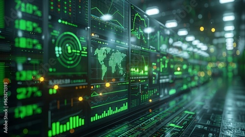 Stock market graphs and economic data visualized with icons of solar panels and wind turbines, uprising green stock market graph, green symbols, positive, positivity