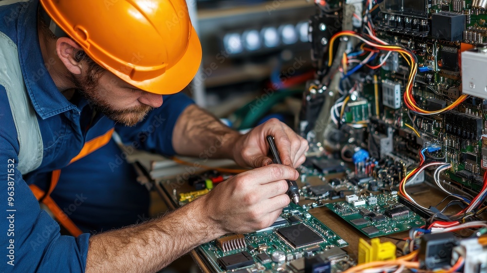 Technician Repairing Electronic Circuit Board With Soldering Iron Technician Repairing Electronic Circuit Board With Soldering Iron