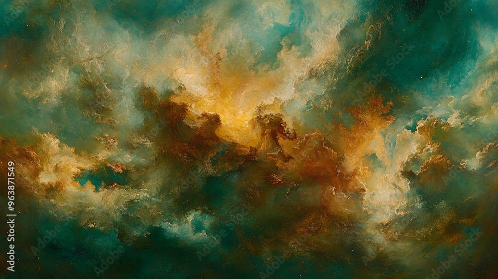 Obraz premium Abstract Green and Gold Swirling Clouds