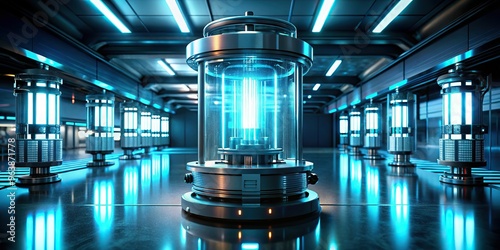 A futuristic ai generator device glowing with soft blue luminescence in a darkened laboratory setting with precise shadows and reflections. photo