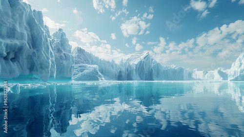 Frozen blue landscape of Perito Moreno Glacier in Patagonia, with towering icebergs reflecting in the calm waters