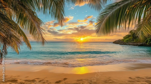 Fototapeta Naklejka Na Ścianę i Meble -  A beautiful beach wallpaper showing a scene with palm trees and a sunset in the background