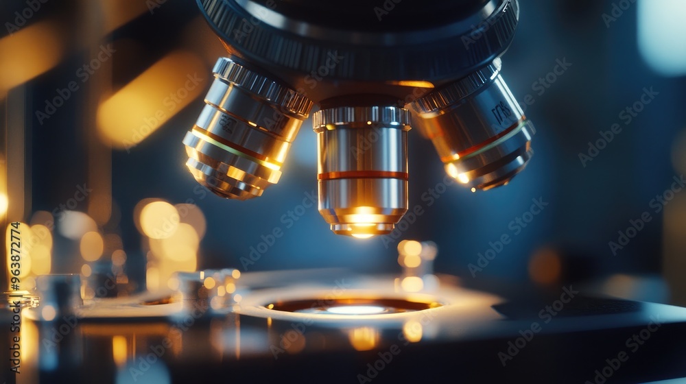 The lens of a microscope gleams in a state-of-the-art laboratory, ready for scientific exploration and discovery. The lens of a microscope gleams in a state-of-the-art laboratory, ready for scientific exploration and discovery.