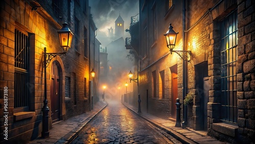 A moody, atmospheric portrait of a mysterious, mist-shrouded city alleyway, lit by soft, warm streetlights, with rich, accurate textures and a sense of intrigue.