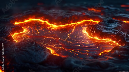 Letters formed from liquid lava in 3D with glowing redhot edges and slowly flowing molten centers giving off a sense of heat and fluid motion