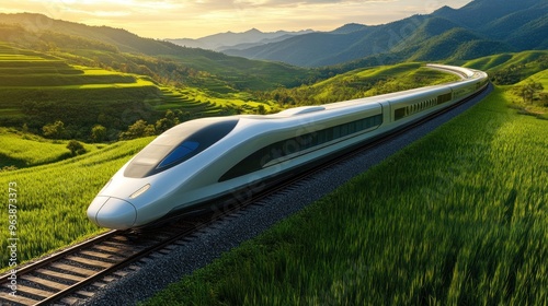 Hydrogen energy powering a sleek high-speed train, gliding through a lush green landscape