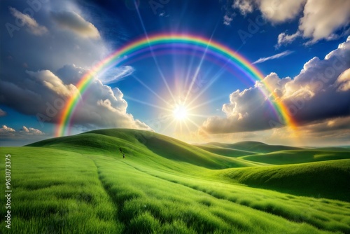 Idyllic green hills with sunburst and rainbow on bright sunny day