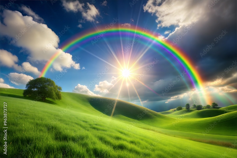 Spectacular rainbow over rolling green hills on sunny day with fluffy clouds and blue sky Spectacular rainbow over rolling green hills on sunny day with fluffy clouds and blue sky