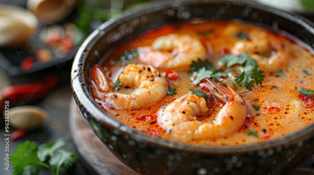 top view macro picture of Tom Yam Kung, The Epitome Of Delicious And Nutritious Thai Cuisine. Tom Yam Kung, tasty Thai food. top view macro picture of Tom Yam Kung, The Epitome Of Delicious And Nutritious Thai Cuisine. Tom Yam Kung, tasty Thai food.