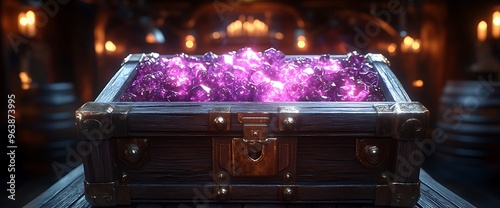 A treasure chest filled with shimmering purple crystals. photo