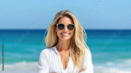 Smiling Woman Wearing Sunglasses at Sunny Beach