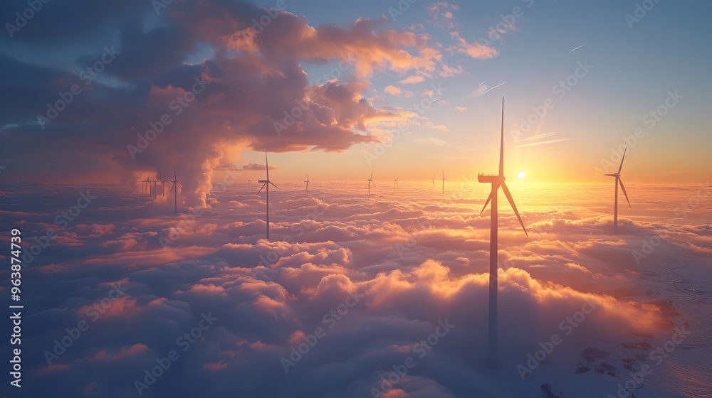 Obraz premium turbine rising out of clouds, sunny, peaceful