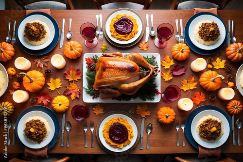 Festive Thanksgiving and Autumn themed dinner set with roasted turkey.