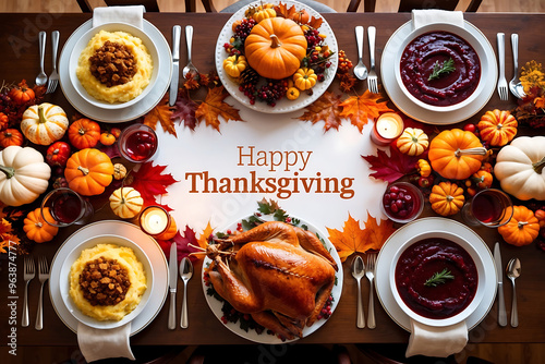Festive Thanksgiving and Autumn themed dinner set with roasted turkey and Happy Thanksgiving Day text.