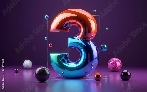 Number 3, vibrant three 3D font 