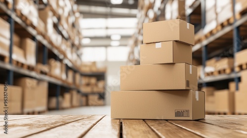 Stack of Cardboard Boxes in Warehouse with Blurred Background