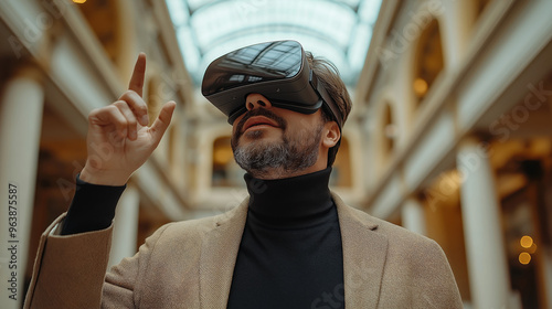 Man in VR Headset Exploring Virtual World: A man wearing a VR headset explores a virtual world, his hand outstretched as if interacting with the unseen, symbolizing the boundless possibilities and imm photo