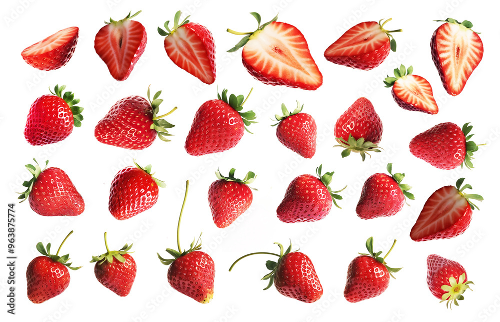 Set of many strawberries on transparent, PNG or white background. Fresh strawberry fruit. For food packages. Set of many strawberries on transparent, PNG or white background. Fresh strawberry fruit. For food packages.